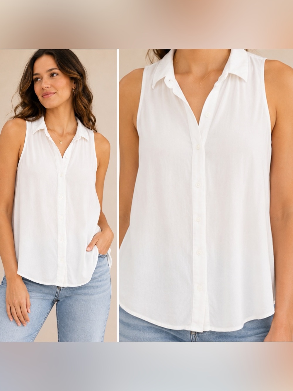 Anthropologie White Sleeveless Button-Front Collared Blouse